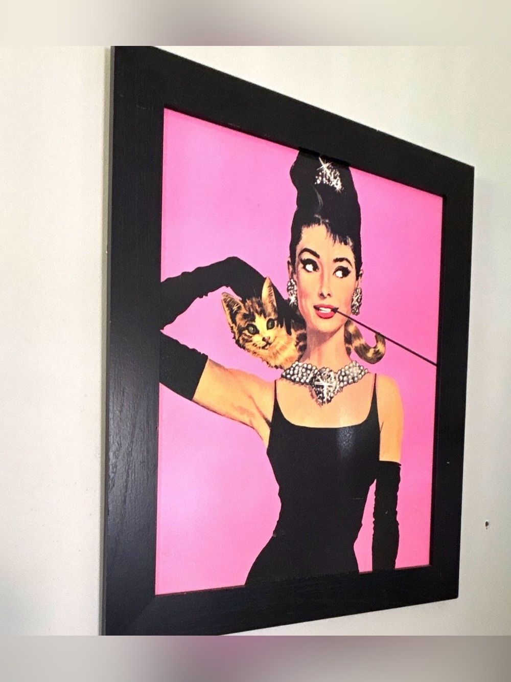 Audrey Hepburn Wooden Frame Breakfast at Tiffany’s Wall Art Pink with Cat